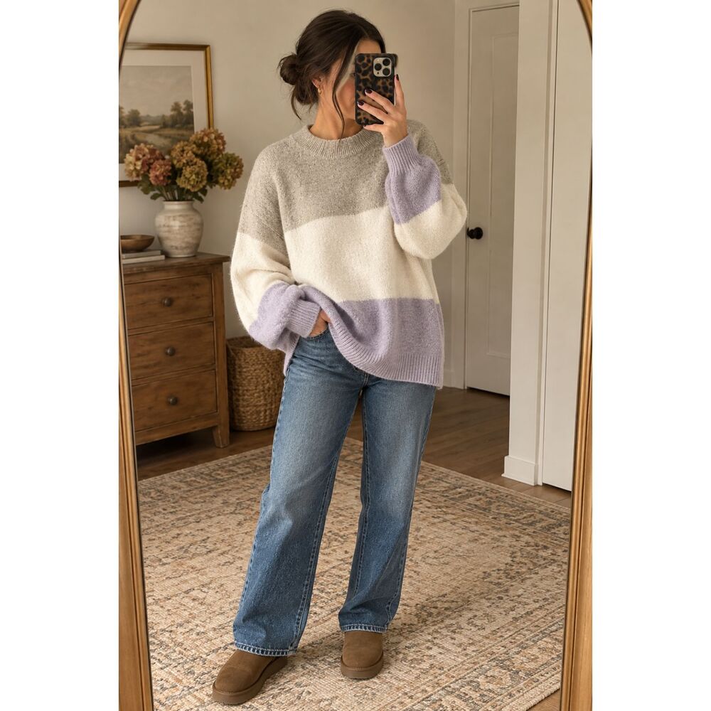 H&M Colorblock Oversized Wool Blend Sweater Lavender Cream Taupe L